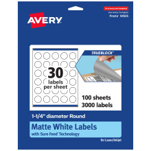 Etiquetas redondas Avery TrueBlock de color blanco mate con alimentacin segura, 1,25 pulgadas de dimetro, 3000 unidades, imprimibles con lser/