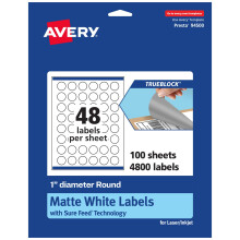 Etichette rotonde Avery TrueBlock bianco opaco con alimentazione sicura, diametro 1"""", 4, 800 conteggi, stampa fino al bordo, stampabile con lase