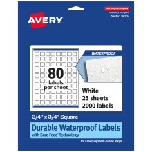 Avery Etichette quadrate impermeabili durevoli con alimentazione sicura 3/4"" x 3/4"""" 2.000 Etichette impermeabili resistenti all'olio e allo stra