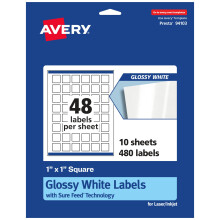 Etichette quadrate bianche lucide Avery con alimentazione sicura 480 etichette bianche lucide da 1"" x 1"" Etichette adesive permanenti con stampa