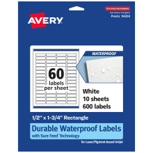 Odoln vodotesn obdlnkov ttky Avery s jistm podvnm 0,5"" x 1,75"""" 600 vodotesn ttky odoln proti oleji a roztren Inkjetov tisk ttku