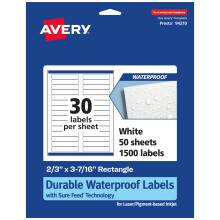 Avery holdbare vandt?tte rektangul?re etiketter med sikker fremf?ring 2/3"""" x 3-7/16"""" 1 500 olie- og rivefaste vandt?tte etiketter Laser-/pigmen