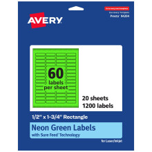 Etichette rettangolari stampabili Avery con tecnologia Sure Feed 1/2"" x 1-3/4"" Etichette verde neon Stampa fino al bordo tramite laser/getto d'in