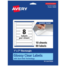 Etichette Avery trasparenti rettangolari lucide con alimentazione sicura 1"" x 7"""" 80 etichette trasparenti lucide Etichette stampabili con stampa