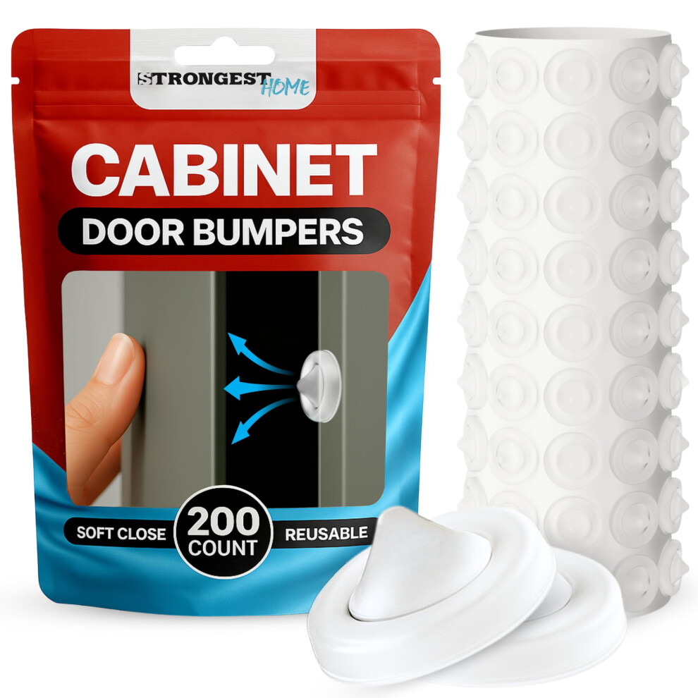 Strongest Home Cabinet Door Bumpers - 200 Pack White Rubber Bumpers Self-Adhesive For Cabinets Drawers & Furniture - Soft Cabinet Stoppers For Quiet 199284143586