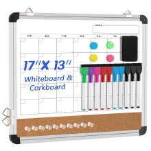 VUSIGN Lavagna Calendario Cancellabile a Secco da Parete 17'' x 13'' Lavagna Magnetica in Sughero Combo Piccola Lavagna Bianca Mensile con Pennar