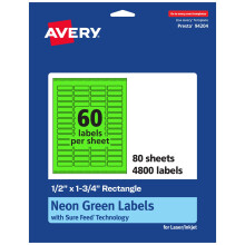 Etichette rettangolari stampabili Avery con tecnologia Sure Feed 1/2"" x 1-3/4"" Etichette verde neon Stampa fino al bordo tramite laser/getto d'in