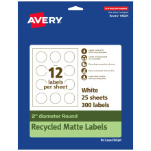 Etichette rotonde riciclate bianche opache Avery EcoFriendly Diametro 2"" Etichette bianche opache con stampa fino al bordo Etichetta adesiva perm