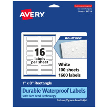 Etiquetas rectangulares resistentes al agua Avery duraderas con alimentacin segura 1"""" x 3"""" 1 600 etiquetas impermeables resistentes al aceite