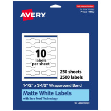 Avery Mattweie Rundumbandetiketten mit sicherem Vorschub, 1,5"" x 3,5"" Zigarrenbandetiketten, 2.500 Stck insgesamt, randlos klebend, mit Laser-/