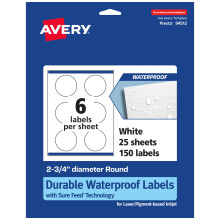 Avery duurzame waterdichte ronde etiketten met Sure Feed 2,75"" diameter 150 olie- en scheurbestendige waterdichte etiketten Print-tot-de-rand laser/p