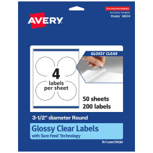 Etichette rotonde trasparenti lucide Avery con alimentazione sicura Diametro 3,5"" 200 Etichette trasparenti lucide Etichette stampabili a getto d