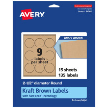 Etichette Avery Kraft marroni rotonde con alimentazione sicura Diametro 2,5"" 135 Etichette Kraft marroni Etichette stampabili a getto d'inchiostr