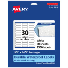 Vodotesn obdlnkov ttky Avery Durable s jistm podvnm 0,75"" x 2,25"""" 1 500 vodotesnch ttku odolnch proti oleji a roztren Inkoustov tis