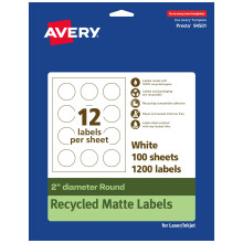 Avery EcoFriendly Matn bl recyklovan kulat ttky Prumer 2"""" Tisk a po okraj Matn bl ttky Permanentn lepidlo na ttky Laser/Inkjet 1 200