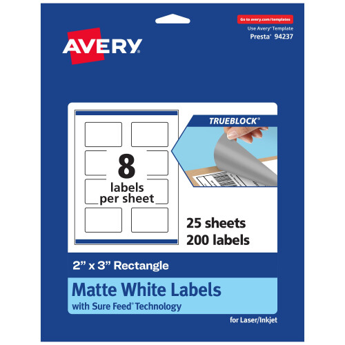 Avery TrueBlock Matte White Rectangle Labels 2" x 3", 200 Count, Print-to-The-Edge