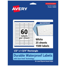 Avery Etichette rettangolari impermeabili durevoli con alimentazione sicura 0,5"" x 1,75"" 1.500 etichette impermeabili resistenti all'olio e allo