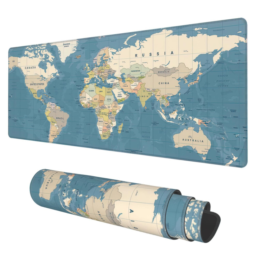 Desk Mat Vintage World Map Extended Gaming Mouse Pad Large 31.5""""X11.8"""" Big Mouse Pad With Non-Slip Base And Stitched Edge Long Computer Key Blue 711763643907