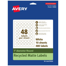 Avery EcoFriendly matwitte, gerecyclede ronde etiketten Diameter van 1 inch, tot aan de rand printbaar Matwitte etiketten Permanente zelfklevende las
