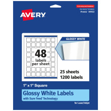 Etichette quadrate bianche lucide Avery con alimentazione sicura 1"" x 1"""" 1.200 etichette bianche lucide Stampa fino al bordo Etichette adesive p
