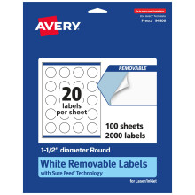 Etichette rotonde rimovibili Avery bianco opaco con tecnologia Sure Feed Stampa fino al bordo Diametro 1,5"" 2.000 etichette rimovibili Etichette
