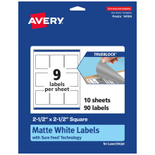 Avery TrueBlock mathvide firkantede etiketter med sikker fremf?ring 2,5"""" x 2,5"""" 90 mathvide etiketter Laser/Inkjet-printbare etiketter Fantasti
