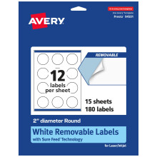 Avery matwitte verwijderbare ronde etiketten met Sure Feed-technologie Print tot aan de rand Diameter 2"" 180 verwijderbare etiketten Laser/inkjet bed