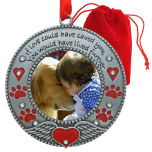 Ornamento fotografico commemorativo per animali domestici - Cane o gatto - Smaltato e ingioiellato con cuori rossi, ali d'angelo e impronte di za