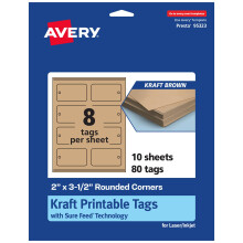Avery utskrivbara rektangulra rundade hrnetiketter med Sure Feed Technology 2"""" x 3-1/2"""" Kraft Brown Cardstock Print-to-the-edge Laser/Inkjet