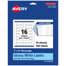 Etichette Avery rettangolari bianche lucide con alimentazione sicura 1"" x 3"""" 160 etichette bianche lucide Stampa fino al bordo Etichette adesive