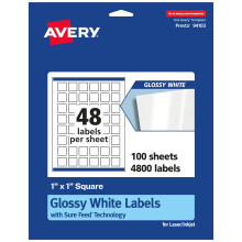 Etichette quadrate bianche lucide Avery con alimentazione sicura 1"" x 1"""" 4.800 etichette bianche lucide Stampa fino al bordo Etichette adesive p