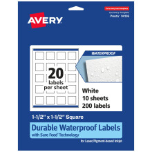 Avery Etichette quadrate impermeabili durevoli con alimentazione sicura 1,5"" x 1,5"" 200 Etichette impermeabili resistenti all'olio e allo strappo