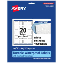 Avery duurzame waterdichte vierkante etiketten met gegarandeerde invoer 1,5"" x 1,5"""" 1.000 olie- en scheurbestendig, tot aan de rand printbaar, l