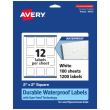 Avery Etichette quadrate impermeabili e durevoli con alimentazione sicura 2"" x 2"" 1.200 Etichette resistenti all'olio e allo strappo Stampa fino