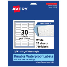 Avery Duurzame waterdichte rechthoekige labels met veilige invoer 0,75"" x 2,25"""" 750 Olie- en scheurbestendig Print-tot-de-rand Laser/Pigment-geb