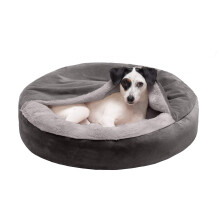 Furhaven 24"""" Round Calming Donut Dog Bed for Indoor Cats & Small Dogs Washable For Dogs Up to 20 lbs - Plush Velvet Waves Hooded Donut Bed - Dark