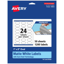 Etichette ovali bianche opache Avery TrueBlock con alimentazione sicura 1"" x 2"""" 1.200 conteggi Stampa fino al bordo Stampabile con laser/getto d