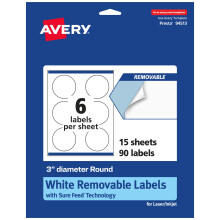 Etichette rotonde rimovibili Avery bianco opaco con tecnologia Sure Feed Stampa fino al bordo 3"" diametro 90 Etichette rimovibili Etichette stamp