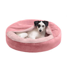 Furhaven 24"""" Round Calming Donut Dog Bed for Indoor Cats & Small Dogs Washable For Dogs Up to 20 lbs - Plush Velvet Waves Hooded Donut Bed - Rose