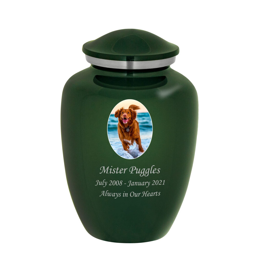 Mainely Urns Homage Large Custom Photo Pet Cremation Urn for Pet Ashes - Vase Style Pet Urn - 200 Cubic Inch Capacity -Personalization Included (Emer-image-OPC-PN2M8WG-NEW