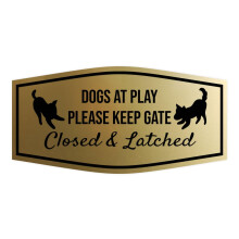 Motto Lita Fancy Paws „Dogs at Play“-Schild „Please Keep Gate Closed & Latched“ (gebürstetes Gold) – groß