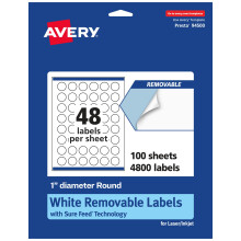 Avery mathvide aftagelige runde etiketter med Sure Feed-teknologi Print-to-The Edge 1"""" Diameter 4 800 aftagelige etiketter Laser/Inkjet-printbar