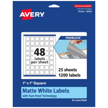 Avery TrueBlock Etichette quadrate bianche opache con Sure Feed 1"" x 1"""" 1.200 etichette bianche opache Etichette stampabili a getto d'inchiostro