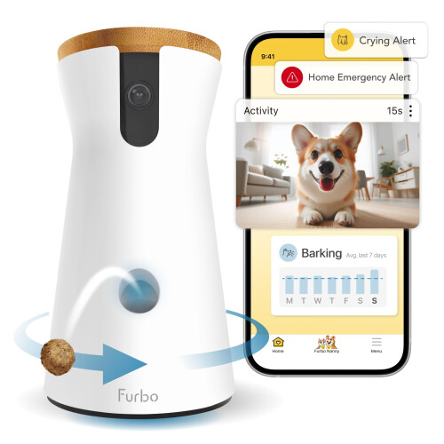 Furbo 360 Dog Camera w/Home Safety Package [PREMIUM W/SUBSCRPITION] Smart Pet Monitor w/App for Dog & Home, Rotating 360 View,