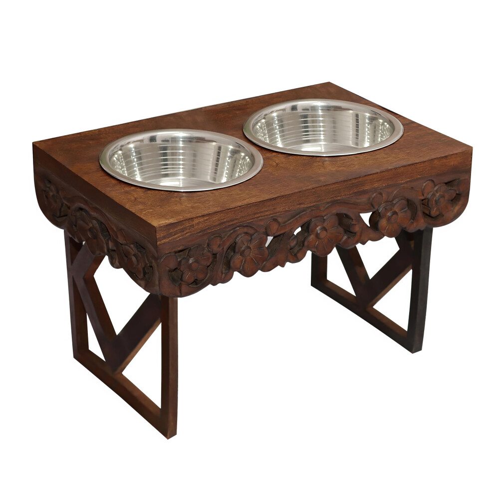 Elevated Pet Feeder for Dogs and Cats - The Bali Carved Wood Pet Feeding Stand with Two Stainless Steel Bowls - Three Heights Adjustable Raised Dog B-image-OPC-PN2MFZX-NEW