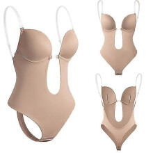 (m) Women's Backless Shapewear Deep V Neck Body Shaper For Low Back Dress Bodysuit Low Waist Thong Ladies Sheer Strap Push Up Bra-1pcs Skin Color