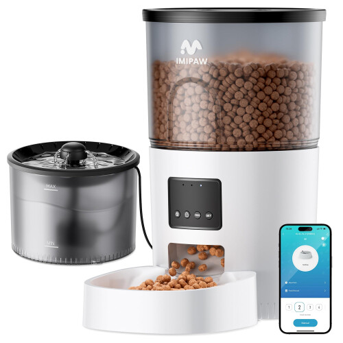 IMIPAW WiFi automatisk kattefoder og vanddispenser Tidsindstillet t?rfoderdispenser APP Fjernbetjening Programmerbare portioner Kattefont?ner til
