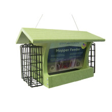 Birds Choice Hopper vogelvoederbak met niervetkooien Middelgroot gerecycled plastic hangende vogelvoederbak 3 pond zaadcapaciteit en 2 niervetcakes G