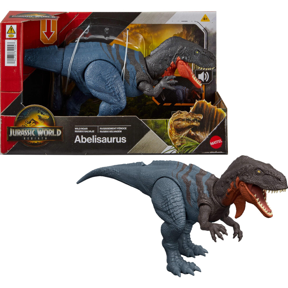 Mattel Jurassic World Rebirth Wild Roar Dinosaur Toy Abelisaurus Posable Figure Tail-Controlled Chomp Multi-Direction Attack & Sound Digital Play