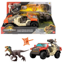 Mattel Jurassic World Rebirth Fahrzeug mit 1 Mensch & 1 Dinosaurier Figur, Launch N Battle Truck